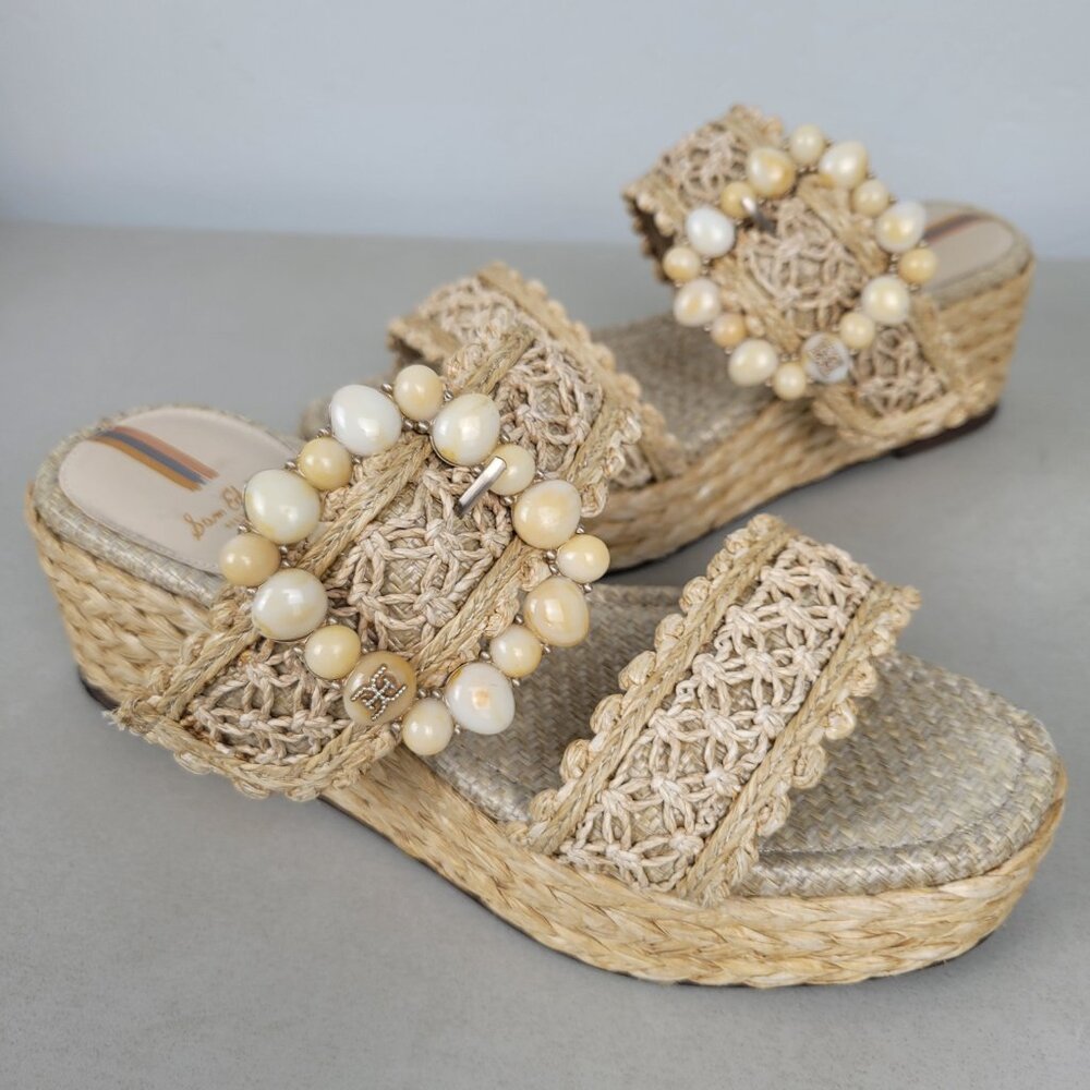 Sam Edelman Size 8M Cadance Sandals Natural Raffia Open Toe Embellished Wedge - Picture 9 of 12